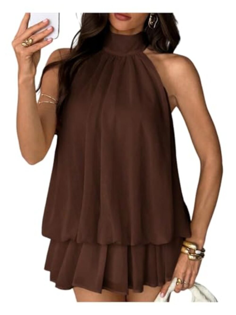 Women's Chiffon Halter Mini Dress Ruffle Drop Waist Party Cocktail